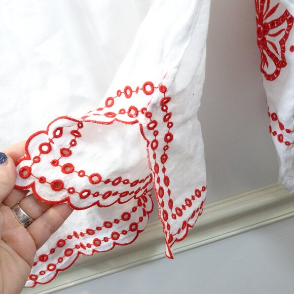 J. Crew Embroidered Tunic Linen Red White Size XL Boxy V-Neck Flowy Peasant - Picture 9 of 9